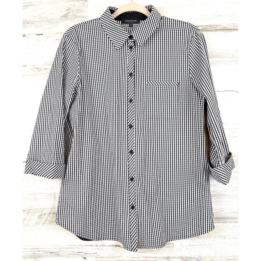 Lafayette 148 Womens M Black White Plaid Gingham Button Up Blouse Designer Luxe